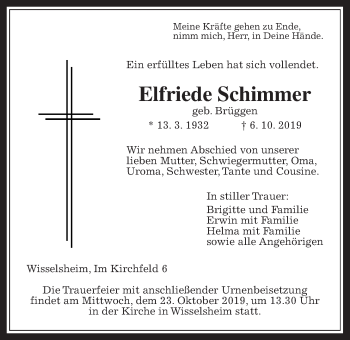 Traueranzeige von Elfriede Schimmer von Wetterauer Zeitung
