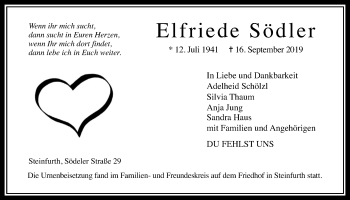 Traueranzeige von Elfriede Södler von Wetterauer Zeitung