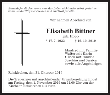 Traueranzeige von Elisabeth Bittner von Reiskirchener Anzeiger