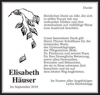 Traueranzeige von Elisabeth Häuser von Giessener Allgemeine, Alsfelder Allgemeine