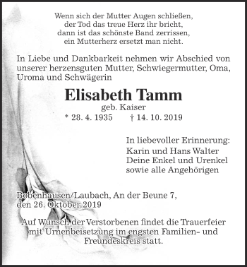Traueranzeige von Elisabeth Tamm von Alsfelder Allgemeine
