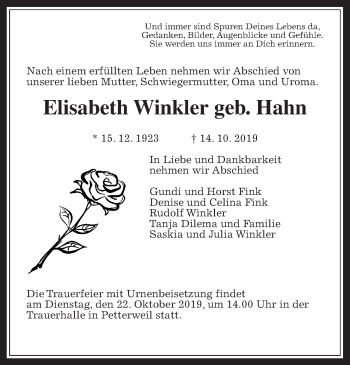 Traueranzeige von Elisabeth Winkler von Wetterauer Zeitung