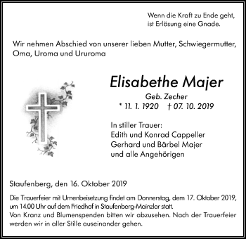 Traueranzeige von Elisabethe Majer von Giessener Allgemeine, Alsfelder Allgemeine