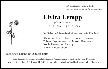 Traueranzeige von Elvira Lempp von Wetterauer Zeitung