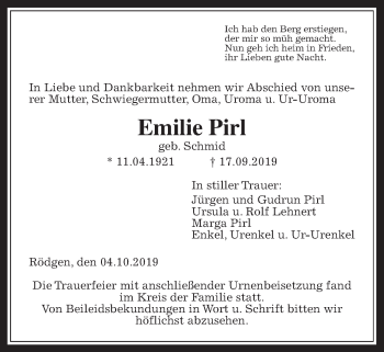 Traueranzeige von Emilie Pirl von Wetterauer Zeitung