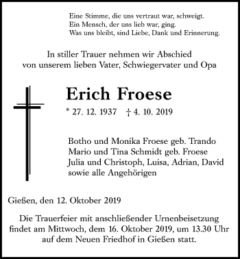 Traueranzeige von Erich Froese von Giessener Allgemeine, Alsfelder Allgemeine