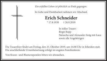 Traueranzeige von Erich Schneider von Licher Wochenblatt