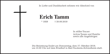 Traueranzeige von Erich Tamm von Wetterauer Zeitung
