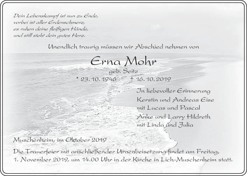  Traueranzeige für Erna Mohr vom 24.10.2019 aus Licher Wochenblatt