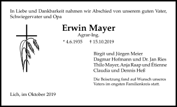 Traueranzeige von Erwin Mayer von Licher Wochenblatt