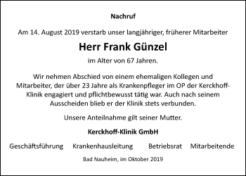Traueranzeige von Frank Günzel von Wetterauer Zeitung