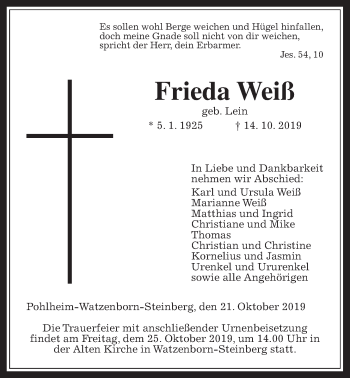 Traueranzeige von Frieda Weiß von Giessener Allgemeine, Alsfelder Allgemeine