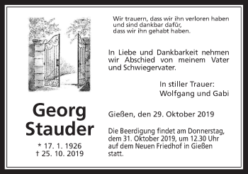 Traueranzeige von Georg Stauder von Giessener Allgemeine, Alsfelder Allgemeine