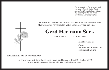 Traueranzeige von Gerd Hermann Sack von Giessener Allgemeine, Alsfelder Allgemeine