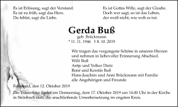 Traueranzeige von Gerda Buß von Giessener Allgemeine, Alsfelder Allgemeine