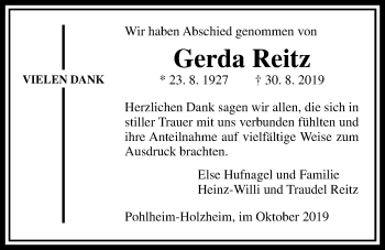 Traueranzeige von Gerda Reitz von Pohlheimer Nachrichten