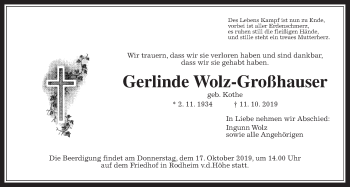 Traueranzeige von Gerlinde Wolz-Großhauser von Wetterauer Zeitung