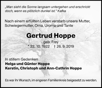 Traueranzeige von Gertrud Hoppe von Giessener Allgemeine, Alsfelder Allgemeine