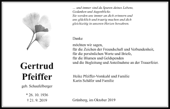 Traueranzeige von Gertrud Pfeiffer von Giessener Allgemeine, Alsfelder Allgemeine