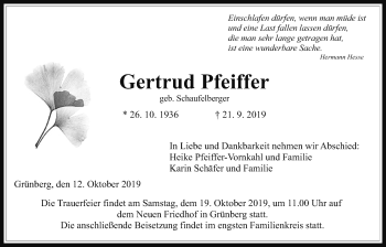 Traueranzeige von Gertrud Pfeiffer von Giessener Allgemeine, Alsfelder Allgemeine