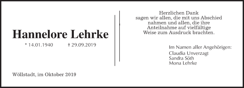  Traueranzeige für Hannelore Lehrke vom 19.10.2019 aus Wetterauer Zeitung