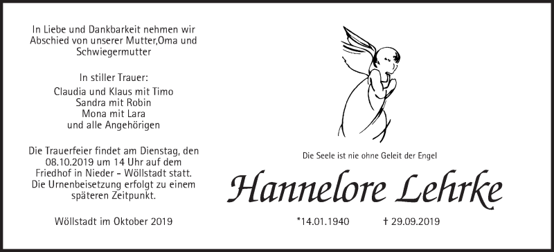  Traueranzeige für Hannelore Lehrke vom 05.10.2019 aus Wetterauer Zeitung