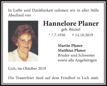 Traueranzeige von Hannelore Planer von Licher Wochenblatt