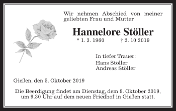 Traueranzeige von Hannelore Stöller von Giessener Allgemeine, Alsfelder Allgemeine