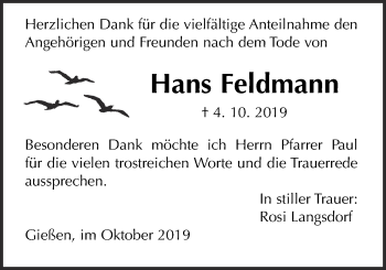 Traueranzeige von Hans Feldmann von Giessener Allgemeine, Alsfelder Allgemeine