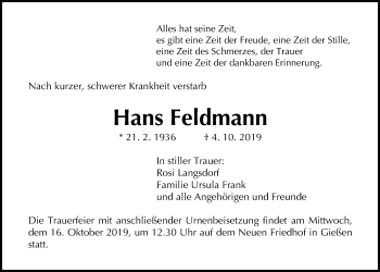 Traueranzeige von Hans Feldmann von Giessener Allgemeine, Alsfelder Allgemeine