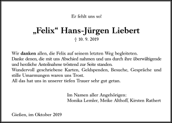 Traueranzeige von Hans-Jürgen Liebert von Giessener Allgemeine, Alsfelder Allgemeine