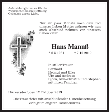 Traueranzeige von Hans Mannß von Alsfelder Allgemeine