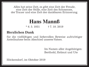 Traueranzeige von Hans Mannß von Mücker Stimme