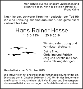 Traueranzeige von Hans-Rainer Hesse von Giessener Allgemeine, Alsfelder Allgemeine