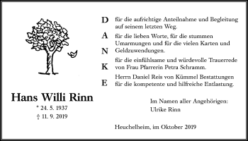 Traueranzeige von Hans Willi Rinn von Giessener Allgemeine, Alsfelder Allgemeine