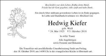 Traueranzeige von Hedwig Kiefer von Licher Wochenblatt