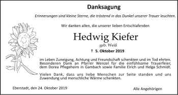 Traueranzeige von Hedwig Kiefer von Licher Wochenblatt