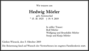 Traueranzeige von Hedwig Mörler von Giessener Allgemeine, Alsfelder Allgemeine