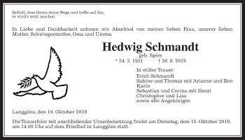 Traueranzeige von Hedwig Schmandt von Giessener Allgemeine, Alsfelder Allgemeine
