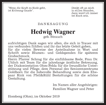 Traueranzeige von Hedwig Wagner von Giessener Allgemeine, Alsfelder Allgemeine, Wetterauer Zeitung