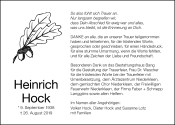 Traueranzeige von Heinrich Hock von Giessener Allgemeine, Alsfelder Allgemeine