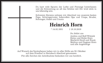 Traueranzeige von Heinrich Horn von Giessener Allgemeine, Alsfelder Allgemeine
