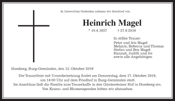 Traueranzeige von Heinrich Magel von Alsfelder Allgemeine