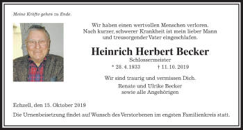 Traueranzeige von Heinrich Herbert Becker von Wetterauer Zeitung