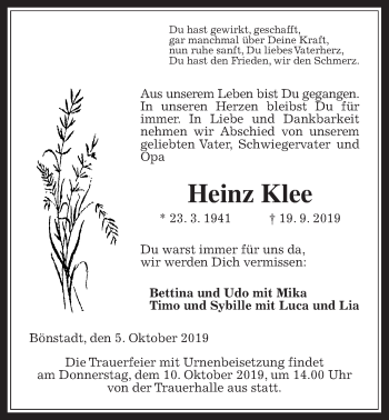 Traueranzeige von Heinz Klee von Wetterauer Zeitung