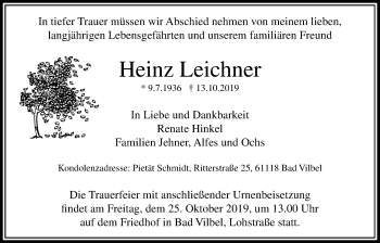 Traueranzeige von Heinz Leichner von Bad Vilbel/Karben