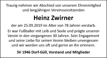 Traueranzeige von Heinz Zwirner von Giessener Allgemeine, Alsfelder Allgemeine