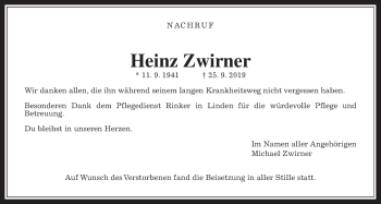 Traueranzeige von Heinz Zwirner von Pohlheimer Nachrichten