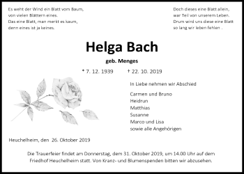 Traueranzeige von Helga Bach von Giessener Allgemeine, Alsfelder Allgemeine