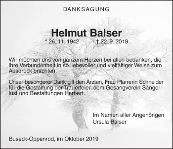 Traueranzeige von Helmut Balser von Giessener Allgemeine, Alsfelder Allgemeine